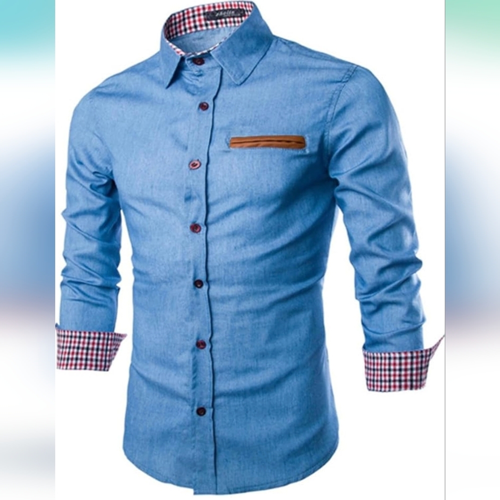 NWT TINKWELL XL Men's Light Blue Denim Blue Long Sleeve, Slim Fit Dress Shirt